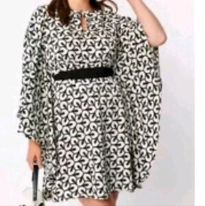 Artsy Boho Bat Wing Midi Dress Woman Plus Sz 3X Satin Black White Geometric New